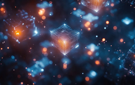 A pattern of interconnected cubes, each with glowing edges and reflecting light in shades of ranging from blue to orange. The background is dark, creating an atmosphere that suggests the presence of technology or artificial intelligence. There is some space between these blocks, which adds depth and creates visual interest. --ar 8:5 --v 6.1 Job ID: 47b5ab3b-d118-4ba6-98ca-cc01b3a5ecb4の素材
