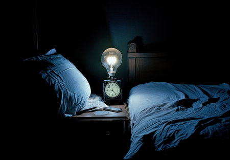 A dark bedroom with an unmade bed and a bedside table. The alarm clock is on top of it, and there is only one light bulb that illuminates the room. The photo is taken from inside the bed, looking at the nightstand. --ar 22:15 --v 6.1 Job ID: 87d7c121-6012-45a9-9279-5f6d48d33f12の素材
