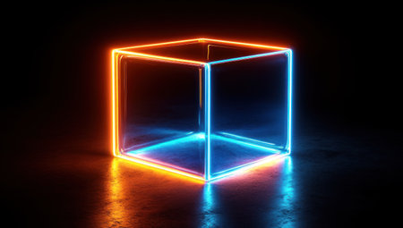 A glowing blue and orange transparent cube on a black background, a 3D rendering illustration of a square glass box with light inside, front view. --ar 53:30 --v 6.1 Job ID: 1cfc47c7-0f2c-4749-bf64-b591a17810d2の素材