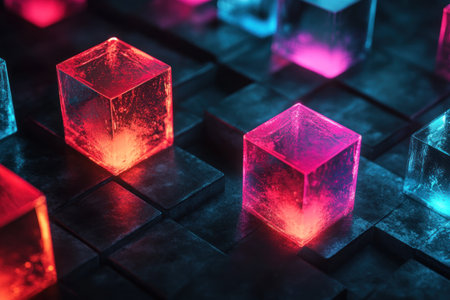 3D render of colorful, glowing cubes on a black background, an abstract technology concept design. --ar 3:2 --v 6.1 Job ID: e013e6c6-fc0a-4a0a-89f4-31bbc460dc27の素材