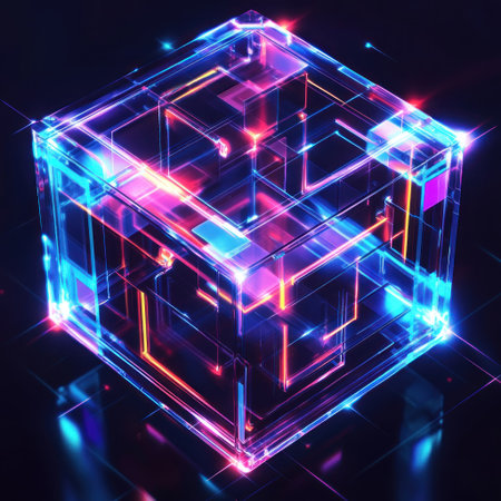 A digital art illustration of an abstract cube, composed of glowing neon squares and glass elements, against a dark background. The cubes form complex geometric patterns that give the impression they could be complex games or data visualizations. A soft glow emanates from within each cube, creating a sense of depth in its appearance. This design is perfect for modern tech or gaming themes. --v 6.1 Job ID: a838281c-fb40-4451-a0c5-14804f698d55の素材
