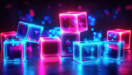 Abstract background with colorful glowing cubes in neon colors. Futuristic digital design element. Glowing blue, pink, and red box rectangle pattern for a banner, poster, or cover presentation. Abstract 3D illustration of futuristic blocks. --ar 53:30 --v 6.1 Job ID: 5679daec-164f-4874-88ae-6a3c397a465eの素材