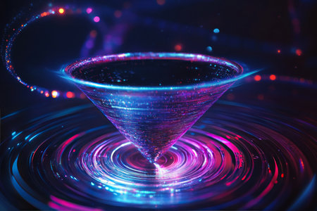 A vibrant digital illustration of an glowing futuristic funnel with light effects and holographic accents, centered on a dark background with swirling lights around it. The cone-shaped shaped saturation is made up of blue and purple hues. In the foreground below the translucent glass filter to create depth, there's a circular black circle. Above them is a spiral line pattern that appears as if being pulled by energy from above. It has glittery sparkles and shimmering colors. --ar 3:2 --v 6.1 Job ID: 0e6efdc2-569a-46cc-adb1-23c40823e381の素材
