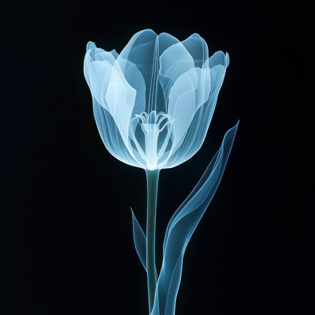 A single, delicate tulip in light blue and white colors on a black background, in the style of an ethereal aesthetic, with an X-ray effect for added detail. The focus is sharp, highlighting the translucent petals of the flower, with a soft glow that adds depth to its silhouette. --v 6.1 Job ID: 2c998140-3dc4-4a7d-bccb-2a98509317f1の素材