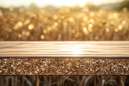 Empty wooden table top with blurred wheat field background for product display montage, summer and autumn harvest concept. Stock photo with space to add text. --ar 3:2 --v 6.1 Job ID: b37639b9-56e8-49c8-9a08-03f02474578eの素材