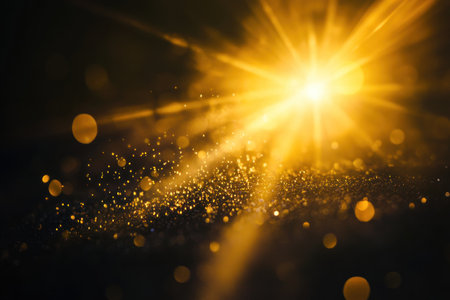 A beam of light with lens flare on a black background, with some floating dust particles in the air, glowing and shining, with a shallow depth of field, creating a cinematic, bokeh effect. The color palette is predominantly yellow and golden, evoking the "golden hour" lighting. The overall effect is one of a warm, glowing light with a slightly grainy, gradient color appearance. --ar 3:2 --v 6.1 Job ID: daa6138a-c5ae-4720-940f-b3774c465a59の素材