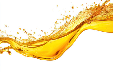 Yellow-orange liquid wave splashing, isolated on a white background with a clipping path. This image represents the concept of oil or juice flow. --ar 47:30 --v 6.1 Job ID: 4d6a98f5-0e97-471f-a063-49a65d603232の素材