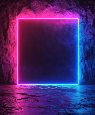3D render of a neon light square frame in blue and pink colors on a dark background, glowing with an iridescent color effect inside the stone room. --ar 5:6 --v 6.1 Job ID: 0e41b9a8-cc8d-4114-a962-44c0f411e068の素材