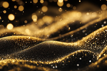 A close-up of golden, glittering particles on a black background, with waves and ripples, creating an elegant and luxurious atmosphere. The golden glitters sparkle in the light, adding depth to the scene. High-resolution, detailed texture, and soft lighting create a dreamy effect. This background is suitable for luxury brand advertising or social media posts. It's perfect as an overall design element for all types of branding materials. --ar 3:2 --v 6.1 Job ID: f0231990-a434-48cb-a19d-437c2c14ad37の素材