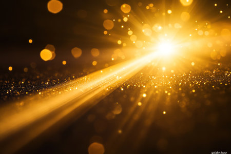 A beam of light with lens flare on a black background, with some floating dust particles in the air, glowing and shining, with a shallow depth of field, creating a cinematic, bokeh effect. The color palette is predominantly yellow and golden, evoking the "golden hour" lighting. The overall effect is one of a warm, glowing light with a slightly grainy, gradient color appearance. --ar 3:2 --v 6.1 Job ID: daa6138a-c5ae-4720-940f-b3774c465a59の素材