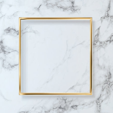 A white square frame with golden borders on a marble background, vector illustration, flat design, digital art, minimalistic style, high resolution, no text or characters inside the box, perfect for creating social media posts and other online content. --v 6.1 Job ID: 5ca4ffdb-acab-4246-ab19-c6e365f90156の素材