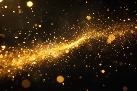 Abstract light background with lens flare, golden dust particles flying in the air, black background, high resolution, high quality, high detail, cinematic. --ar 3:2 --v 6.1 Job ID: 966d80b9-f3c5-491e-ae2f-0d2f672bc6a8の素材