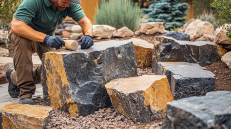 A gardener is placing large stone blocks on top of small rocks to create an outdoor walkway. The gardener is wearing a green shirt and brown pants with black gloves, and has a focused expression while using tools like a trowel or mallet for the mountain rock installation in the backyard garden area. This close-up view showcases the process of building the natural landscape design, in the style of a stock photo. --chaos 30 --ar 16:9 --v 6.1 Job ID: 623a0d15-d4c1-4111-8450-0bd7fb36b1a3の素材