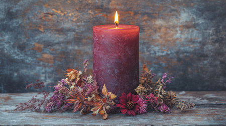 A beautifully arranged red candle, surrounded by dried flowers and wildflowers on an old wooden table. The warm glow of the lit wax against the rustic wood creates a cozy atmosphere for your Valentine's Day card template. --chaos 30 --ar 16:9 --v 6.1 Job ID: cfe71e11-6aef-4588-b92b-029bbfea831aの素材