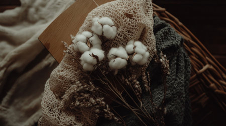 A piece of wooden board is lying on the table, next to it there are cotton branches and white fluffy cotton balls, close-up shot, product photography, studio lighting, high resolution. --chaos 30 --ar 16:9 --v 6.1 Job ID: f214b599-ca2f-4c4c-8949-d9b22db6058eの素材
