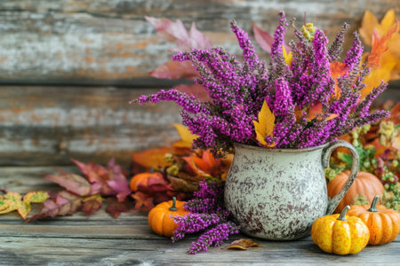 A beautiful arrangement of heather flowers in an old, rustic mug, with autumn leaves and small pumpkins scattered around it on the wooden table. The colors should be vibrant shades of purple, pink, red, orange, yellow, and green, creating a warm and inviting atmosphere for fall. This would make a great backdrop or wallpaper for your Halloween-themed designs. --ar 3:2 --v 6.1 Job ID: 0618aae4-0eca-4f7f-b02b-6322771db97dの素材