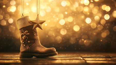 An old, vintage leather boot with Christmas decorations and a hanging star, set against a background of bokeh lights. --chaos 30 --ar 16:9 --v 6.1 Job ID: 69878604-37b1-41ed-ac26-2ca57c632f74の素材