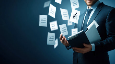 A businessman touching a digital document management system icon with a check mark, surrounded by floating documents against a blue background. This banner design represents the business technology concept. There is ample copy space. The image is of high quality, ultra-realistic, and was captured using studio lighting with a Sony Î±7 IV camera in a close-up, dynamic pose. --chaos 30 --ar 16:9 --v 6.1 Job ID: fb7e5227-da64-405b-b1fa-499ac996ed4aの素材