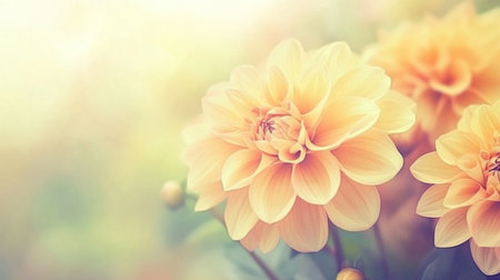 A close-up of vibrant orange and yellow dahlia flowers in full bloom, with blurred greenery in the background creating an ethereal garden scene. The focus is on the intricate petal shapes and delicate colors, while sunlight filters through to create soft shadows that add depth and dimension to each flower, creating a serene atmosphere. --chaos 30 --ar 16:9 --v 6.1 Job ID: 612a3155-af28-494e-89a1-5700f508e224の素材