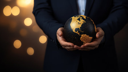 A business professional holding up a globe with cloud icons and technology symbols around it, representing the concept of virtual office services in a cloud-based platform for online rental service, AI-powered imagery, digital interface design, and global network themes, set against a light background. --chaos 30 --ar 16:9 --v 6.1 Job ID: 18099b81-08ca-4eba-a230-b4f88310e487の素材