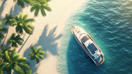 A luxury yacht parked on the white sandy beach of an island in the middle of crystal clear turquoise waters, surrounded by lush green palm trees and vibrant coral reefs. The sun is shining brightly overhead casting long shadows over everything. Aerial view with blue sky and clouds in background. --chaos 30 --ar 16:9 --v 6.1 Job ID: e1281d5a-bf59-4c7e-9b67-ab05301b56a3の素材