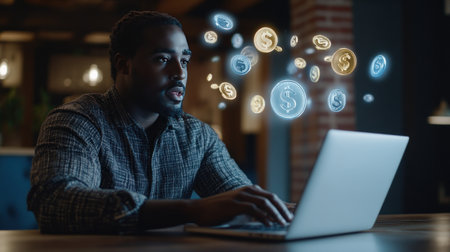 A businessman typing on his laptop with financial symbols floating above the keyboard, such as dollar signs and arrows symbolizing the movement of money. The background is an office setting with blue accents to highlight digital business and online banking services. In one corner, there's a holographic display showing coins in various international forms of aerial flight, including Japanese yen and Arabic shillings. --chaos 30 --ar 16:9 --v 6.1 Job ID: be6139ab-b231-4c9c-bd43-83159ea184cdの素材