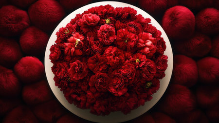 Aerial view of red carnations arranged in a circular pattern on a white round ceramic plate, with red fluffy plush balls covering the edge and creating an eye-catching floral display. The vibrant colors contrast beautifully against a dark background, adding depth to the composition. --chaos 30 --ar 16:9 --v 6.1 Job ID: 82afa7bc-7967-4aff-a272-87726a885e61の素材