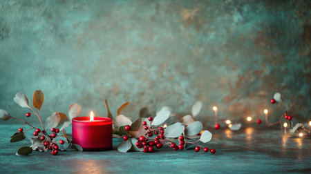 An ad campaign for Christmas, featuring a red candle surrounded by eucalyptus leaves and mistletoe berries. On the right side of the banner, there are bokeh lights in the background, set against a green gradient background. The left side provides ample copy space, and the overall design is bright and vibrant, with a cinematic feel. --chaos 30 --ar 16:9 --v 6.1 Job ID: d364871c-df81-4e82-ad68-7bc51aad3fe0の素材