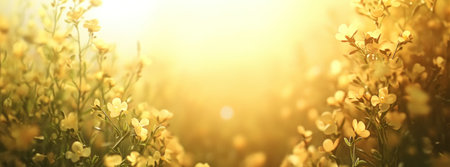 A blurred background of yellow wildflowers with copy space, captured using a Canon EOS R5 mirrorless camera and EF lens. The photograph was taken in the morning light, with a shallow depth of field that highlights individual flowers while gently blurring out small green leaves and grasses in the foreground. This image is suitable for use as an elegant spring or summer background on web pages, graphics, banners, cards, and more, with high resolution and quality. --ar 27:10 --v 6.1 Job ID: 90e8c25b-0472-4af4-a766-5e328046027cの素材