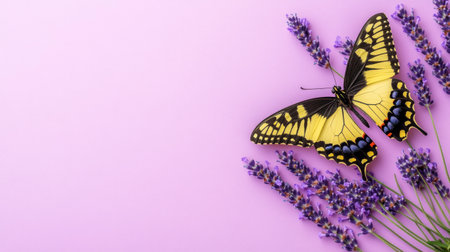 A banner with copy space, a butterfly on a lavender flower against a pastel purple background, with a color palette of yellow and white. The design is minimalistic, elegant, delicate, and airy, created through high-resolution photography. --chaos 30 --ar 16:9 --v 6.1 Job ID: b4031cec-2d52-48a4-83b0-f9e38797a531の素材