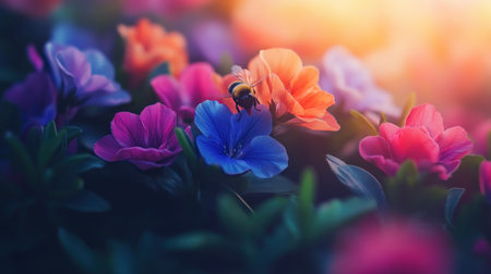 Close-up of bumblebees on a flower in the garden, with colorful flowers, green leaves, and purple, pink, and blue hues. The natural lighting, depth of field, and bokeh effect create a blurred background, showcasing the macro photography technique using a macro lens. --chaos 30 --ar 16:9 --v 6.1 Job ID: d735095e-4c5f-4af8-959b-7b6dd8a3d7c0の素材