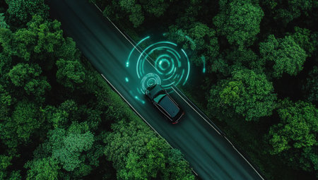 An aerial view of an isolated car on the road, surrounded by lush green trees, with digital blue circular symbols floating above it, representing advanced driver-assistance technology in a motion control system for self-driving. The scene takes place along a winding highway through a dense forest, captured from a directly overhead perspective. The focus is centered around the vehicle and its surrounding environment, creating a sense of scale within nature's embrace. --ar 53:30 --v 6.1 Job ID: 39c7479c-92b0-40c9-8519-670f9e9d5492の素材