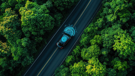 Digital icon of an advanced technology self-driving system for road safety on the highway, surrounded by lush green trees. A car with blue circular robotic symbols is driving along in an aerial view. The background features a beautiful forest landscape with tall and dense foliage. This concept symbolizes modern transportation while emphasizing environmental protection and public security, an ultra-realistic photograph captured on high-resolution 35mm film. --ar 53:30 --v 6.1 Job ID: b012cd1e-e8ff-4dfc-9b2a-c0177edf3844の素材