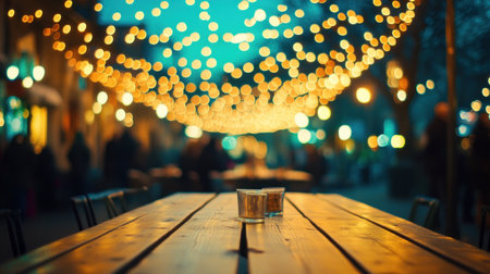 A wooden table with blurred lights in the background, creating an atmosphere of warmth and celebration for Christmas or other events. The focus is on the texture of the wood and the bokeh effect from the warm light garlands. High-resolution photography, 50mm f/2 lens at f/2.6, bokeh-style raw. --chaos 30 --ar 16:9 --v 6.1 Job ID: ab6462cd-7c8d-4f0f-9bb0-d3f6945fe07eの素材