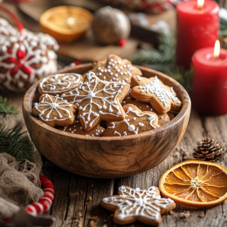 A wooden bowl filled with gingerbread cookies, decorated in white icing and tiny stars, sits on an old wooden table surrounded by dried orange slices and red candles. The background is light brown with visible texture, giving the scene a rustic feel. In front of it lie a pair of hand-drawn sugar cookie cutouts, painted like hearts or snowflakes, adding to its festive charm. This warm, inviting composition evokes the spirit of Christmas. --v 6.1 Job ID: c3265b7c-d3f0-455a-be28-dd6c4c08e0d2の素材