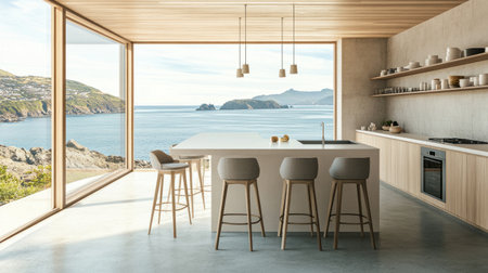 A white, blank wall in a kitchen interior with an island and bar counter, a concrete floor, a wooden ceiling, and a modern style. Panoramic windows are on the left side, creating a photo-realistic scene. --chaos 30 --ar 16:9 --v 6.1 Job ID: 179dc78a-4b61-4ed2-b887-1d4db344c3e3の素材