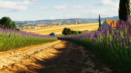 Lavender field with bees, banner with copy space area for text and image. Beautiful spring background with lavender flowers in the garden, a nature concept. Bright, sunny light, soft focus, pastel colors, bokeh effect, copy space, banner design. Stock photo with 2/3 of the space on the right side of the banner for a product placement. --chaos 30 --ar 16:9 --v 6.1 Job ID: 2b6637af-5473-4d90-a505-59e7db637670の素材