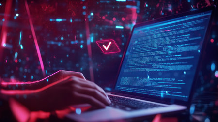 A person is using a laptop computer with digital documents and a checkmark icon floating on a virtual screen. A real estate contract document for a homebuyer's championship for a real estate competition in a business concept, 8K, realistic photo, cinematic lighting, dark background, high resolution. --chaos 30 --ar 16:9 --v 6.1 Job ID: 50173671-fd36-4d08-ab38-52755ca4902dの素材