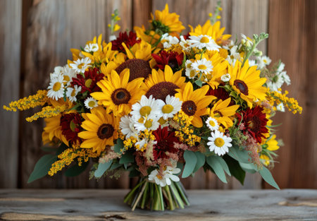 A vibrant bouquet of sunflowers and daisies, arranged in an elegant vase on top of a rustic wooden table. The warm colors of the flowers contrast with the natural wood texture, creating a cozy atmosphere for various carefree moments. High-resolution photography, aesthetic style, stock photo, high definition. --ar 43:30 --v 6.1 Job ID: bf1e5c53-2893-40fa-87d3-b16b39cb7b13の素材