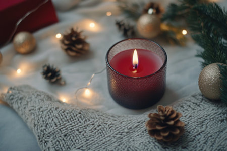Christmas background with a red candle, Christmas decorations, and warm lights. --ar 3:2 --v 6.1 Job ID: 7217445e-7d7a-4528-9cc1-93db1960aaddの素材