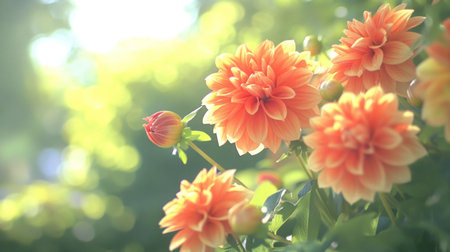 A close-up of vibrant orange and yellow dahlia flowers in full bloom, with blurred greenery in the background. The focus is on the delicate petals and the soft lighting that highlights their colors. This photo was taken using a Canon EOS R5 camera and Fujifilm Provia film stock, giving it an ethereal feel. --chaos 30 --ar 16:9 --v 6.1 Job ID: dda3c501-2720-4539-b2d6-29e778faeae4の素材