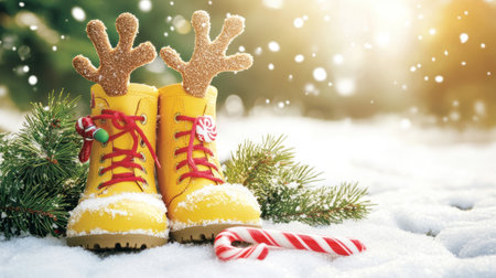 A pair of yellow boots with reindeer ears and antlers is placed on the snow, holding a candy cane in its hand. There are pine branches next to it. The background color should be white or gray. In front of the background, there must be green Christmas tree leaves. This photo will make for a great website banner. It feels like you can almost touch the items. --chaos 30 --ar 16:9 --v 6.1 Job ID: b6357360-7156-4c6e-aae5-60b0be87615aの素材