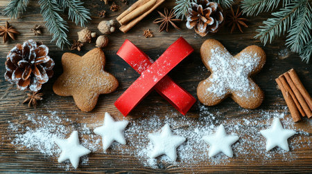 A wooden table with Christmas cookies, cinnamon sticks, and cardamom on it. A red ribbon wrapped around the spices forms an X shape. On top of these items is placed some powdered sugar in small pieces, which adds to its festive appearance. The background features other decorations such as pine cones and stars, creating a holiday atmosphere. This photo captures the essence of Christmas baking, showcasing different elements that come together for making typical St. Nicholas-shaped "X" gingerbread cookies called 'Lebkuchen'. --chaos 30 --ar 16:9 --v 6.1 Job ID: 8dbebff7-4161-4f4b-8256-46f2caafbb99の素材