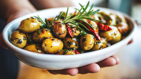 Close-up of marinated green olives in an oval white bowl, garnished with herbs and chili peppers on a wooden table. The background is a rustic kitchen setting, creating the perfect backdrop for a vibrant display of marinated olives reminiscent of traditional Spanish tapas bars. --chaos 30 --ar 16:9 --v 6.1 Job ID: f6bc1bdb-ca72-4554-9f86-ca574d4364c9の素材