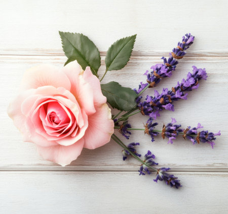 A pink rose and lavender on a light wood background, a product photo for an Instagram post. --ar 16:15 --v 6.1 Job ID: 462e669e-84f7-4109-887f-042ae3c48487の素材