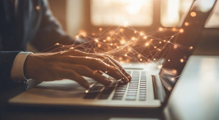 Business team working together on a laptop, with a data visualization of a global network and connectivity featuring people icons, creating a business technology background banner design. A businessman is using a digital tablet for online communication in the office. This represents a digital marketing concept. --ar 11:6 --v 6.1 Job ID: d1e4e176-b0ac-4a58-be9f-e2e847ec84a1の素材