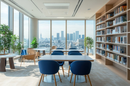 A modern library with bookshelves, tables, and chairs in a light wood color, blue chairs around the tables, large windows overlooking a cityscape, white walls, beige carpet flooring, high-resolution photography, and bright daylight. --ar 3:2 --v 6.1 Job ID: dd81e523-ab5f-4b01-9dbe-4fcc98484fa6の素材