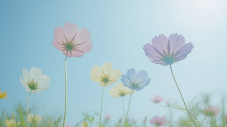 A vibrant field of wildflowers, with colorful petals in shades of pink, purple, yellow, blue, green, and white, creates an enchanting natural landscape. The background is a clear sky, and the close-up shot captures the detailed textures of each flower. This image was captured using a Canon EOS-1D X Mark II camera and Kodak Gold film. Natural light illuminates the scene, highlighting the delicate beauty of these flowers. This image evokes a sense of tranquility and harmony with nature's colors. --chaos 30 --ar 16:9 --v 6.1 Job ID: cf0be02a-915d-414f-8fea-5294724d99cfの素材