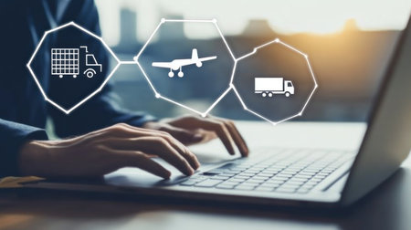 Close-up of hands typing on a laptop with a digital icon and hexagon background, representing the technology concept in business. A businessman is using a computer for online e-commerce or global logistics, with icons such as a plane, cargo, and a truck to show the interface design. --chaos 30 --ar 16:9 --v 6.1 Job ID: d8de17af-d5ad-427d-8274-eab22c27f7d2の素材