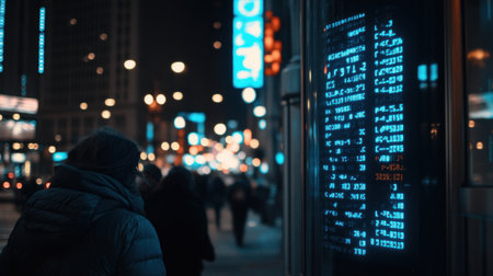 Close-up of an illuminated stock market display with numbers and graphs, depicting the concept of financial posters on city streets at night. The background features blurred pedestrians in motion blur. Use blue tones to highlight details like digital displays, glowing lights, or street signs. Capture the energy and excitement associated with real-time trading and global economic trends. --chaos 30 --ar 16:9 --v 6.1 Job ID: f4ab3a29-9625-41dc-848f-faa82dbc8c27の素材